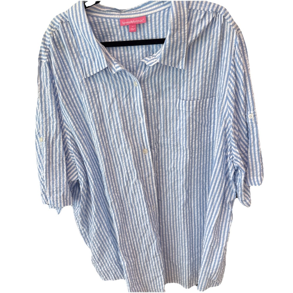 Woman Within Seersucker Short‎ Sleeve Top 3X Button Front Short Sleeve Classic